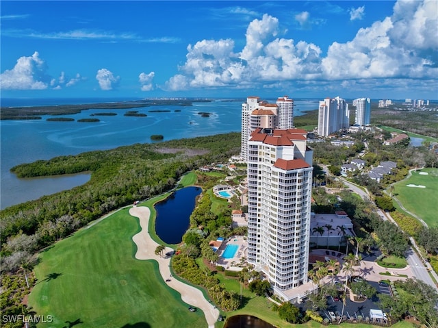 aerial view featuring a city view and a water view