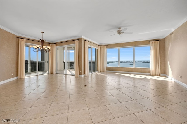 spare room featuring light tile patterned floors, ornamental molding, ceiling fan with notable chandelier, and a water view