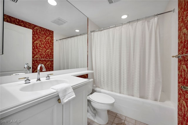 bathroom with visible vents, shower / bath combo with shower curtain, toilet, tile patterned flooring, and vanity