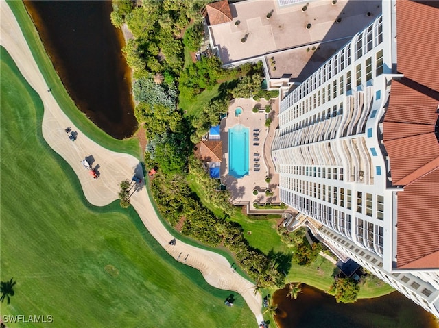 aerial view featuring a water view