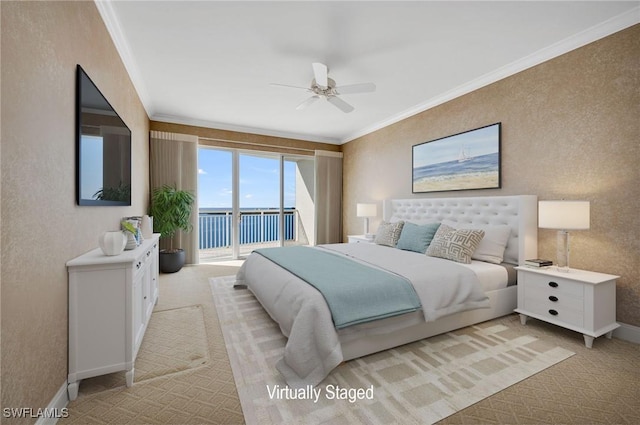 bedroom with baseboards, ornamental molding, a ceiling fan, and access to outside