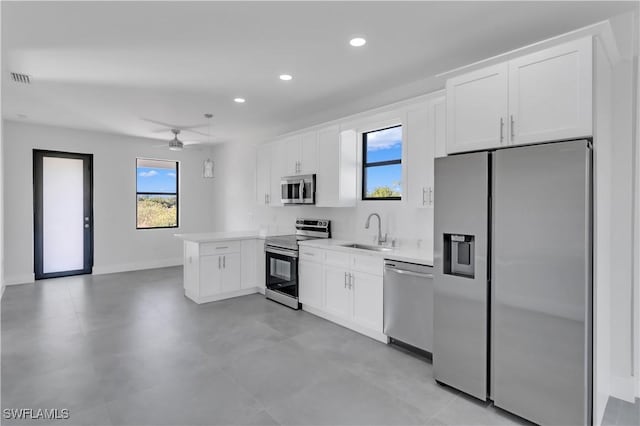 kitchen featuring ceiling fan, stainless steel appliances, white cabinets, and kitchen peninsula