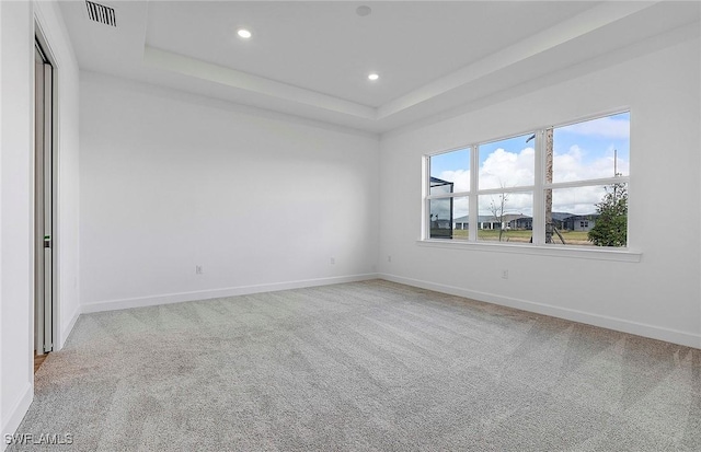 empty room featuring a tray ceiling and carpet