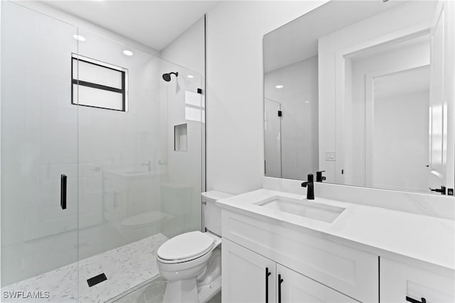 bathroom with vanity, toilet, and a shower with shower door