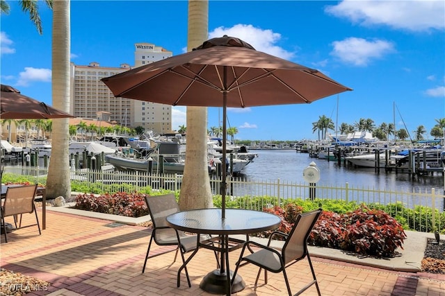 view of patio featuring a boat dock and a water view