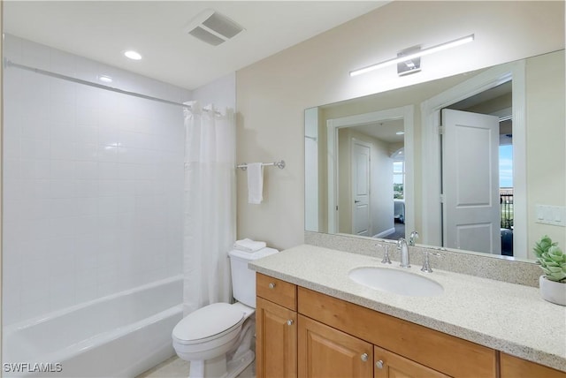 full bathroom with vanity, toilet, and shower / bathtub combination with curtain