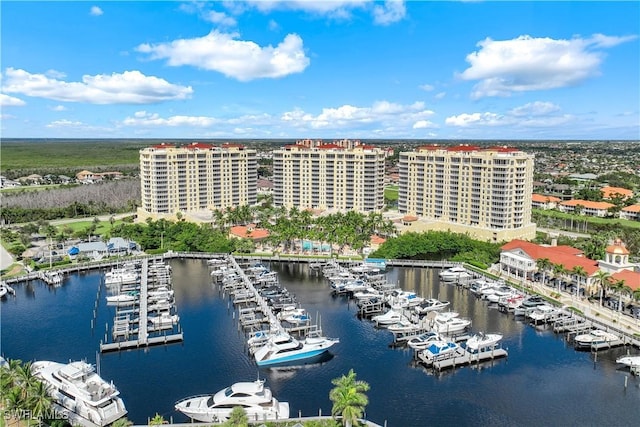 bird's eye view with a water view