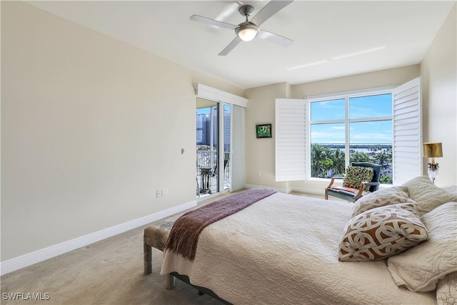 bedroom with carpet, access to outside, and ceiling fan