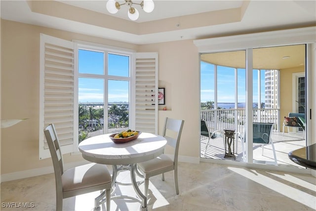 dining room with a tray ceiling and a healthy amount of sunlight