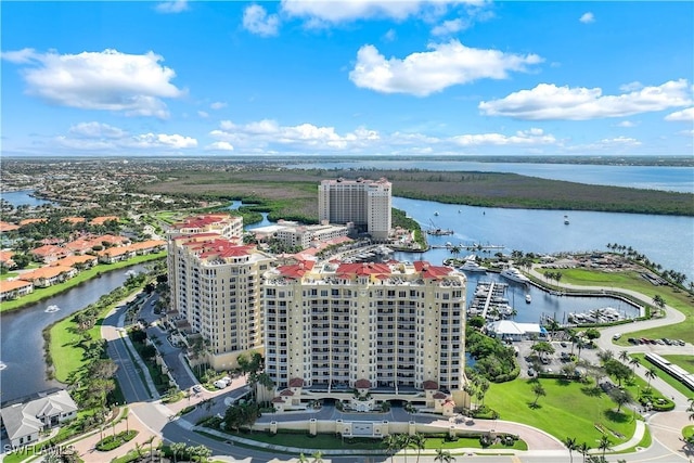 drone / aerial view with a water view