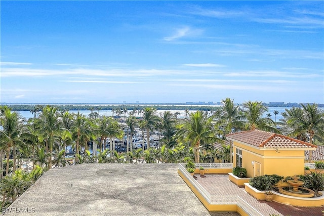 birds eye view of property with a water view