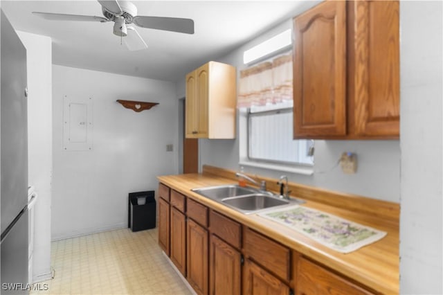 kitchen featuring electric panel, ceiling fan, and sink