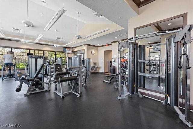 exercise room with ceiling fan and crown molding