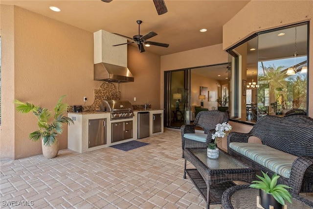 view of patio with a grill, ceiling fan, area for grilling, and an outdoor hangout area