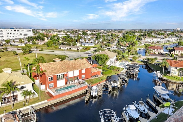 drone / aerial view featuring a water view