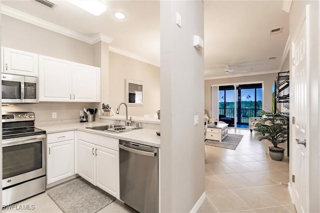 kitchen with crown molding, white cabinetry, sink, and stainless steel appliances