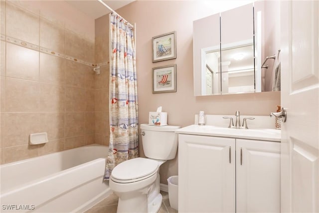 full bathroom with tile patterned flooring, vanity, shower / tub combo, and toilet