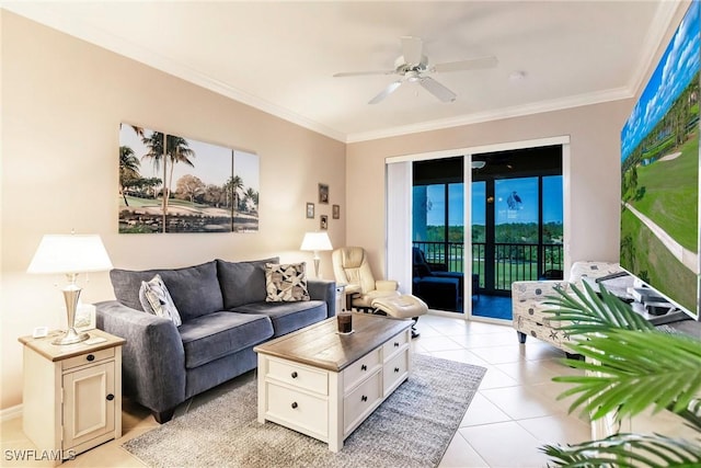 tiled living room featuring ceiling fan and ornamental molding