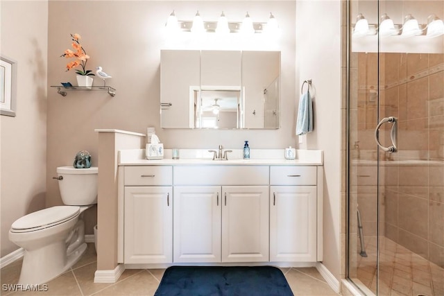 bathroom with tile patterned floors, toilet, vanity, and walk in shower