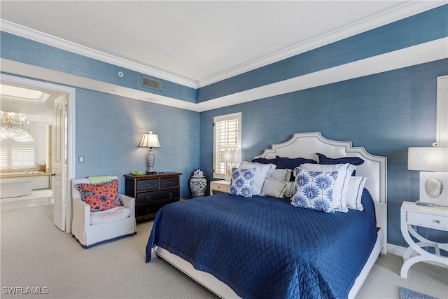 bedroom with visible vents, ornamental molding, connected bathroom, carpet flooring, and wallpapered walls