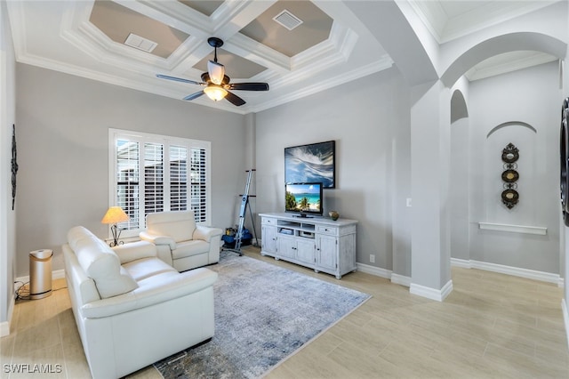 living room with ceiling fan, coffered ceiling, and ornamental molding