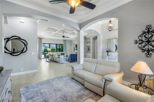 tiled living room featuring beam ceiling, crown molding, coffered ceiling, and an inviting chandelier