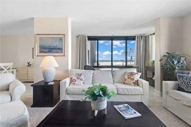 living room featuring speckled floor