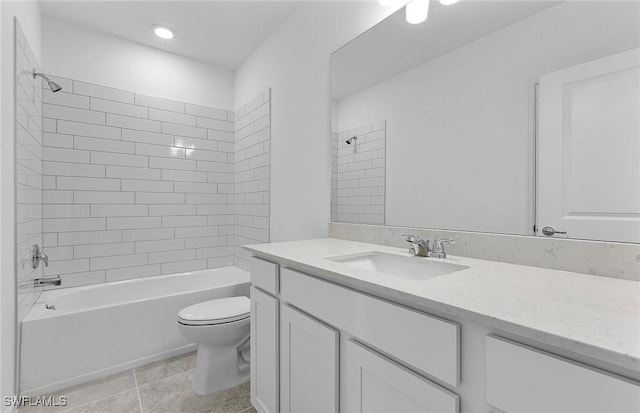 full bathroom featuring shower / bath combination, tile patterned floors, toilet, and vanity