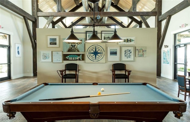 playroom with high vaulted ceiling, pool table, wood finished floors, baseboards, and beam ceiling