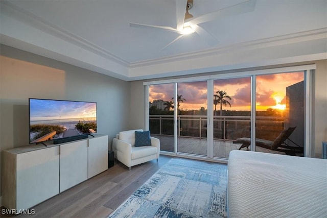 bedroom with access to exterior, light wood-type flooring, a tray ceiling, and ceiling fan