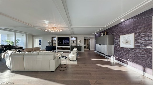 living room featuring crown molding, coffered ceiling, and hardwood / wood-style flooring