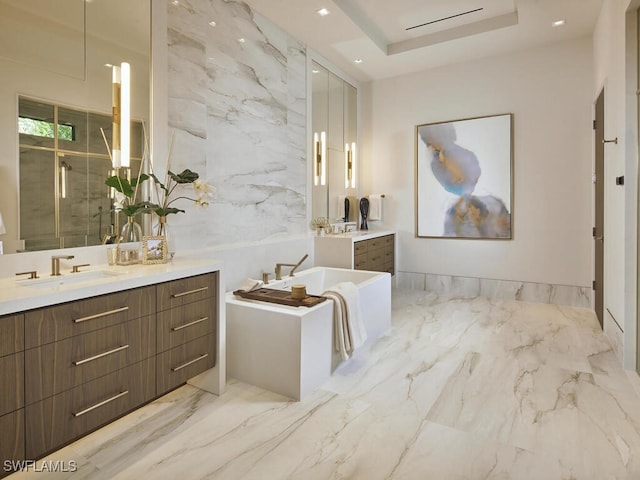 bathroom featuring vanity, tile walls, and separate shower and tub