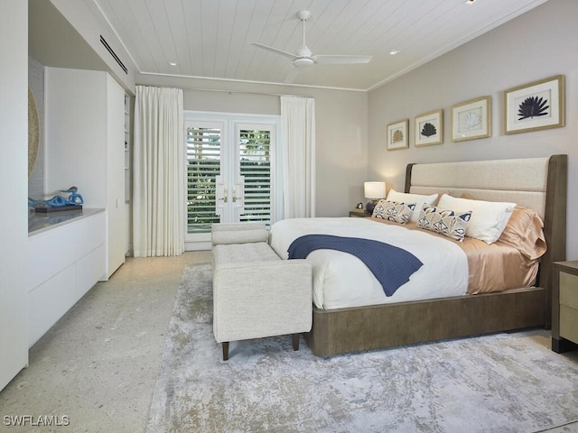 bedroom featuring ceiling fan, wooden ceiling, and access to outside