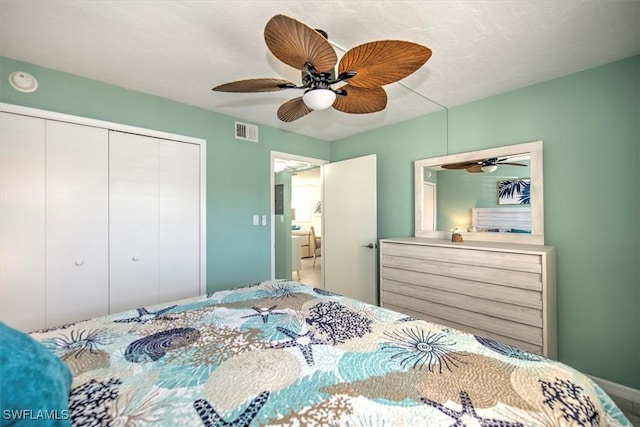 bedroom featuring ceiling fan and a closet