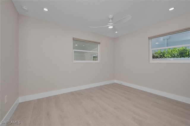unfurnished room featuring baseboards, recessed lighting, ceiling fan, and wood finished floors