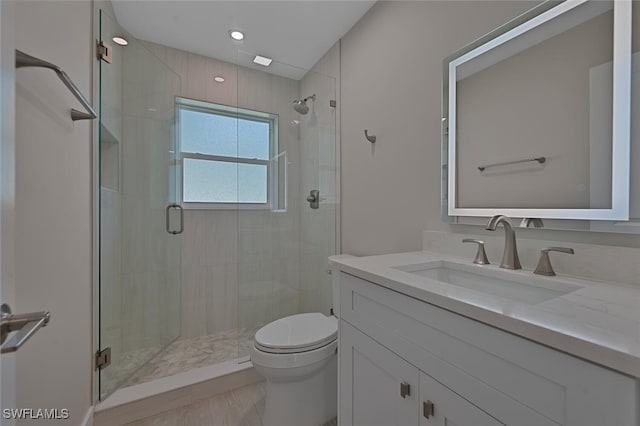 bathroom featuring toilet, a stall shower, and vanity