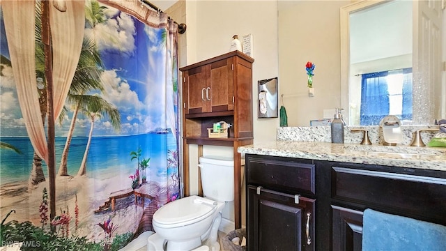 full bath featuring curtained shower, vanity, and toilet