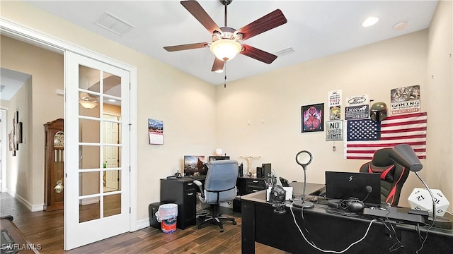 home office with a ceiling fan, french doors, visible vents, and wood finished floors