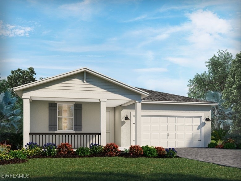 16443 Settlers Way, Punta Gorda, FL 33982 - ranch-style house featuring a porch, a garage, and a front lawn