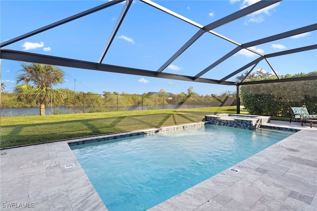 view of swimming pool with glass enclosure, a water view, a yard, an in ground hot tub, and a patio area