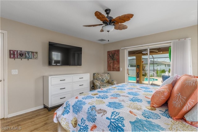 bedroom with access to outside, light hardwood / wood-style flooring, and ceiling fan