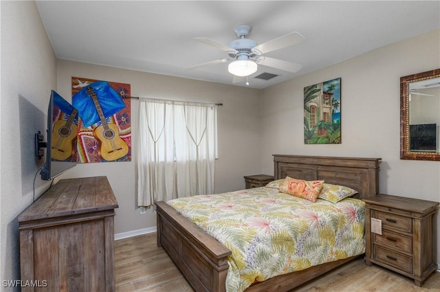 bedroom with ceiling fan and light wood-type flooring