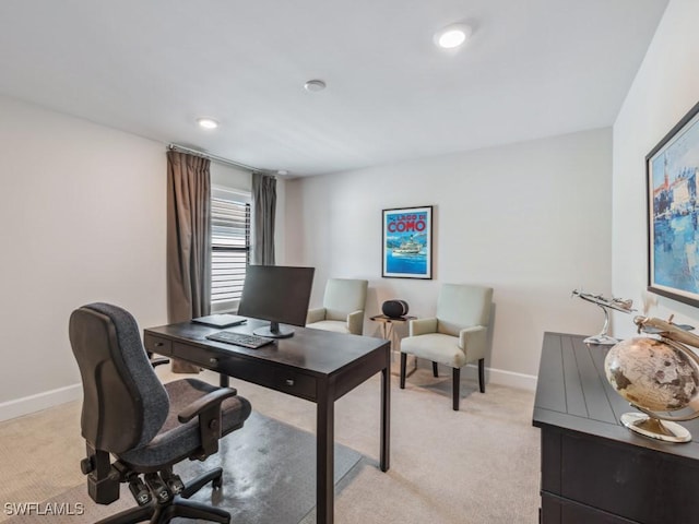 home office featuring recessed lighting, light colored carpet, and baseboards