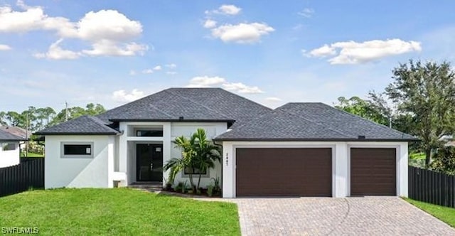 view of front facade with a garage and a front lawn