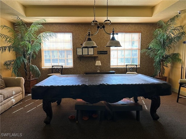 recreation room with carpet floors and pool table