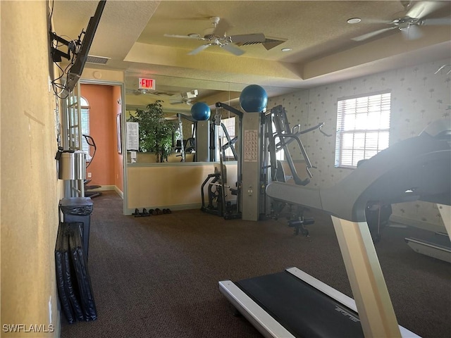 exercise room featuring a tray ceiling, ceiling fan, and carpet