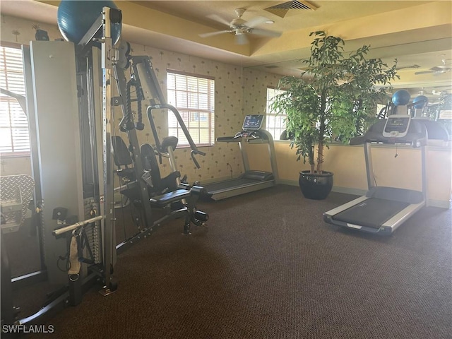 exercise room featuring ceiling fan