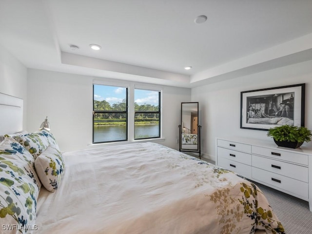 carpeted bedroom featuring a water view and a raised ceiling