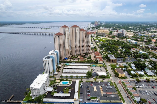 bird's eye view with a water view