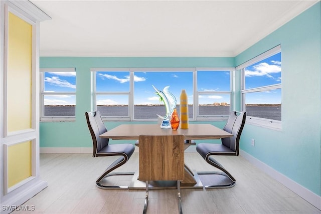 dining area with light wood-type flooring and a healthy amount of sunlight